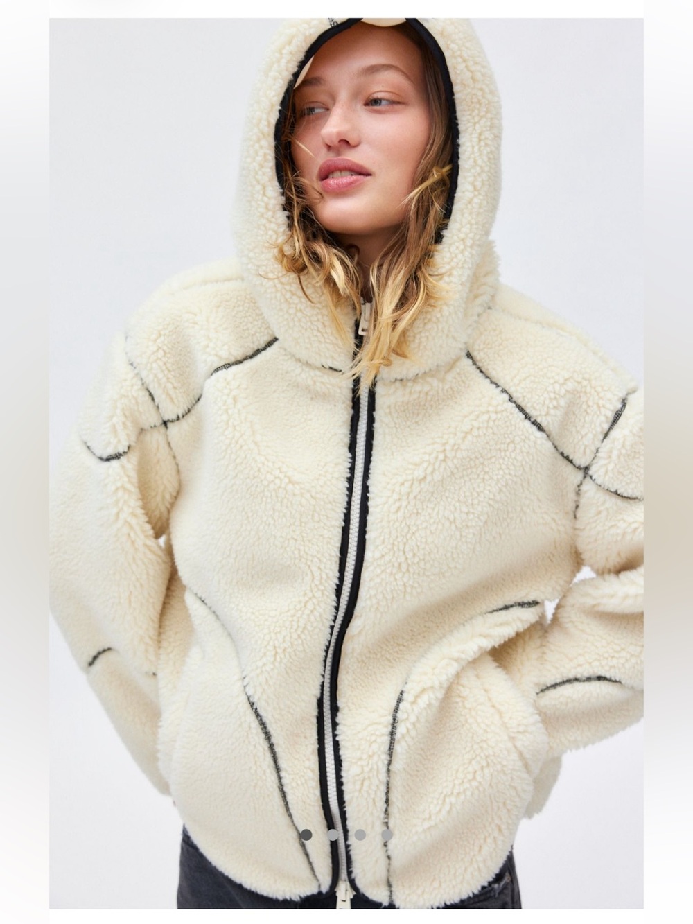BDG Ella Fleece Hooded Sherpa Zip-Up Jacket - Cream